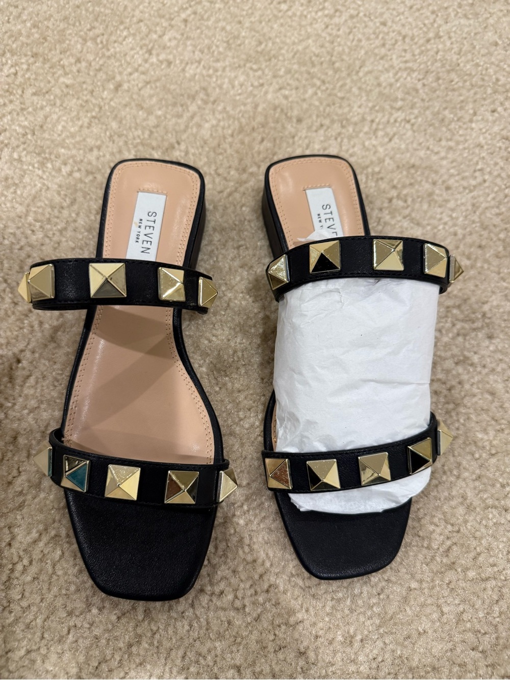 Steven by Steve Madden Black Slide Sandals with Gold Pyramid Studs